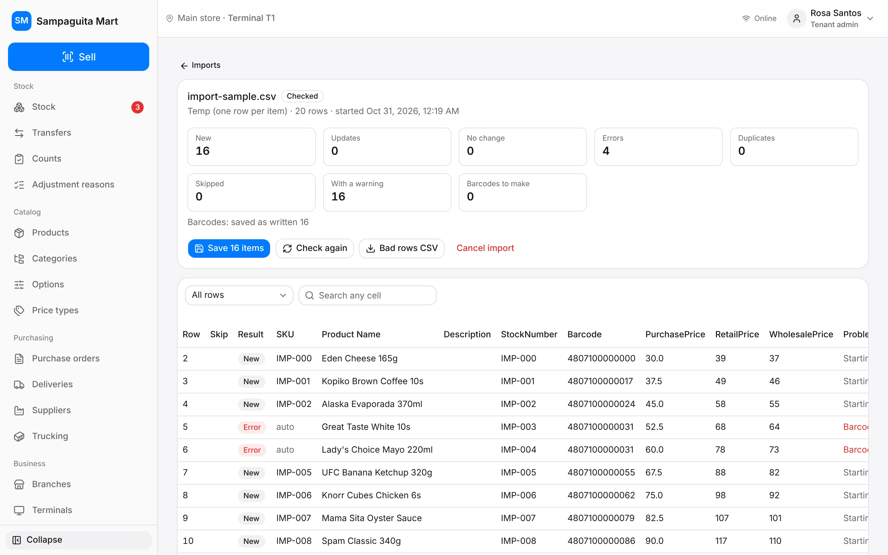 A product import with rows ready and rows to fix